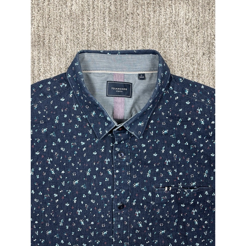 7 Diamonds Shirt Mens XL Blue Floral Stretch Button Up‎ Performance Short Sleeve